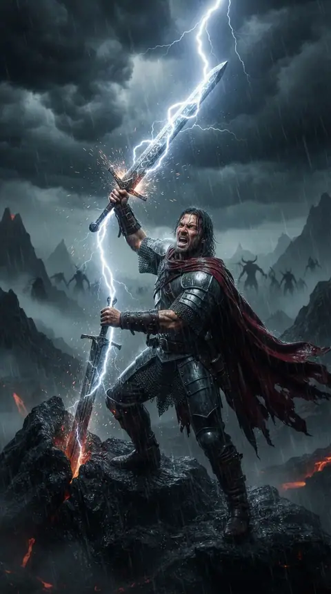 Фэнтези-кадр: молния бьёт в меч