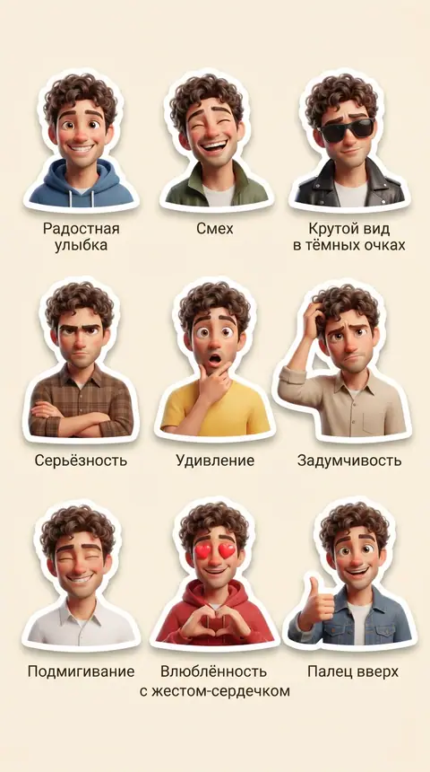 Девять 3D-стикеров с вашим лицом