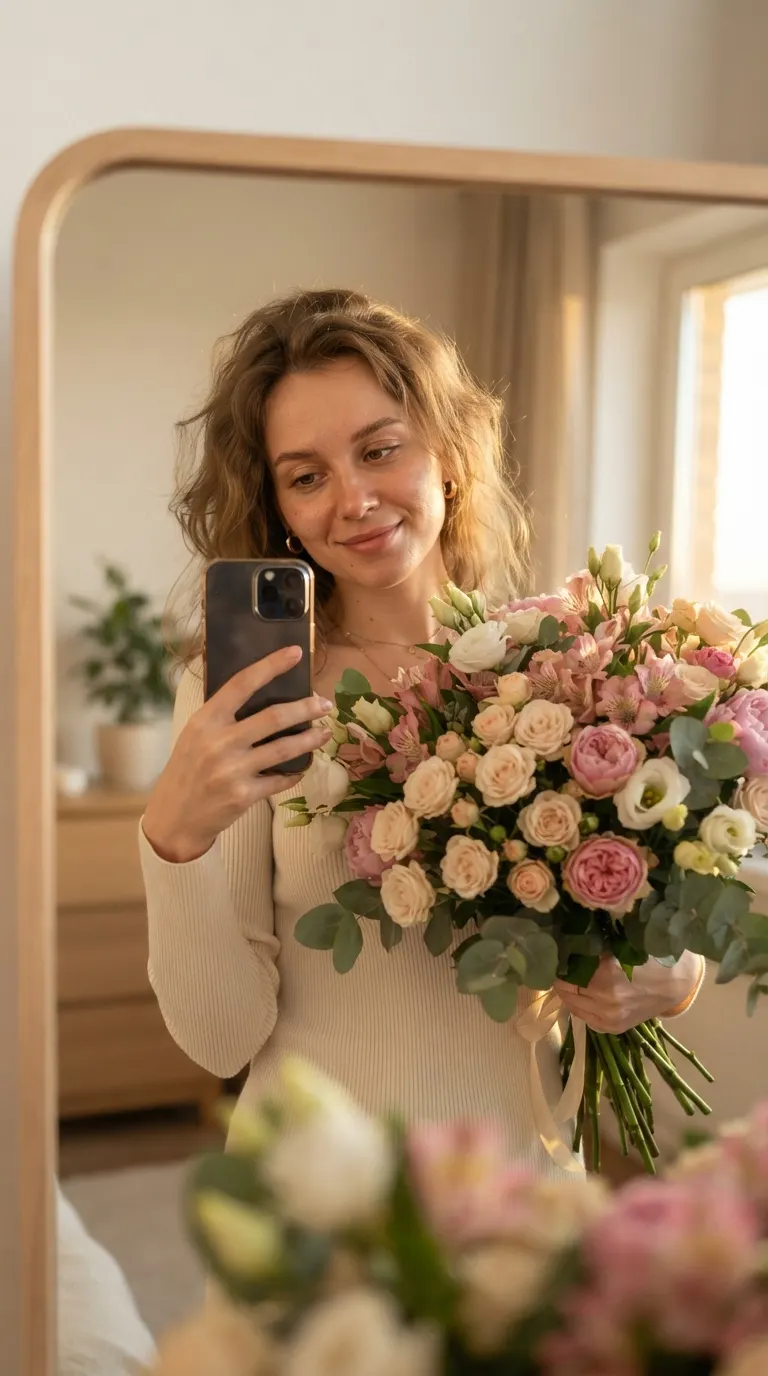 Селфи у зеркала с пастельным букетом