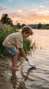 Фото ребёнка с бумажным корабликом