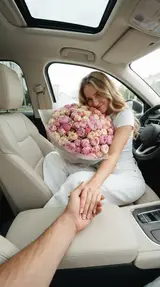 Кадр в машине с букетом из ста роз