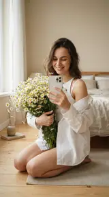Селфи с букетом ромашек дома
