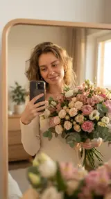 Селфи у зеркала с пастельным букетом